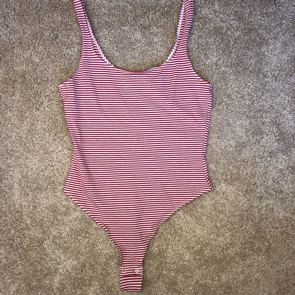 Red and whit striped thong bodysuit